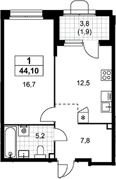 1-комн., 42.2 м², 3/16 этаж, ЖК «Прокшино»
