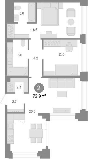 2-комн., 72.9 м², 32/43 этаж, ЖК «Квартал Издание»