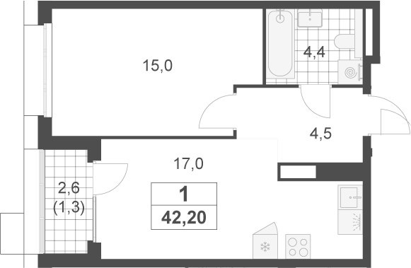 2-комн., 40.9 м², 15/17 этаж, ЖК «Скандинавия»