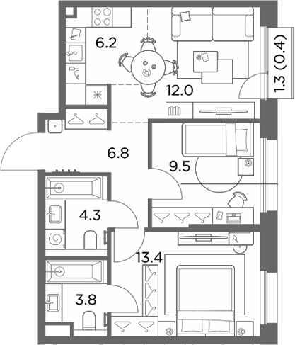 3-комн., 56 м², 4/6 этаж, ЖК «Станиславский»