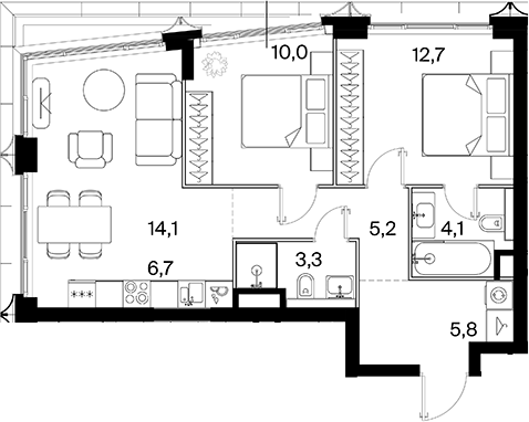 3-комн., 61.96 м², 4/14 этаж, ЖК «26 ПАРКВЬЮ»