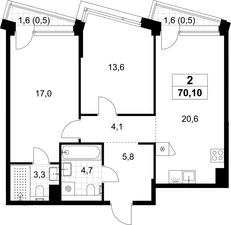 3-комн., 69.1 м², 3/6 этаж, ЖК «Хольм»