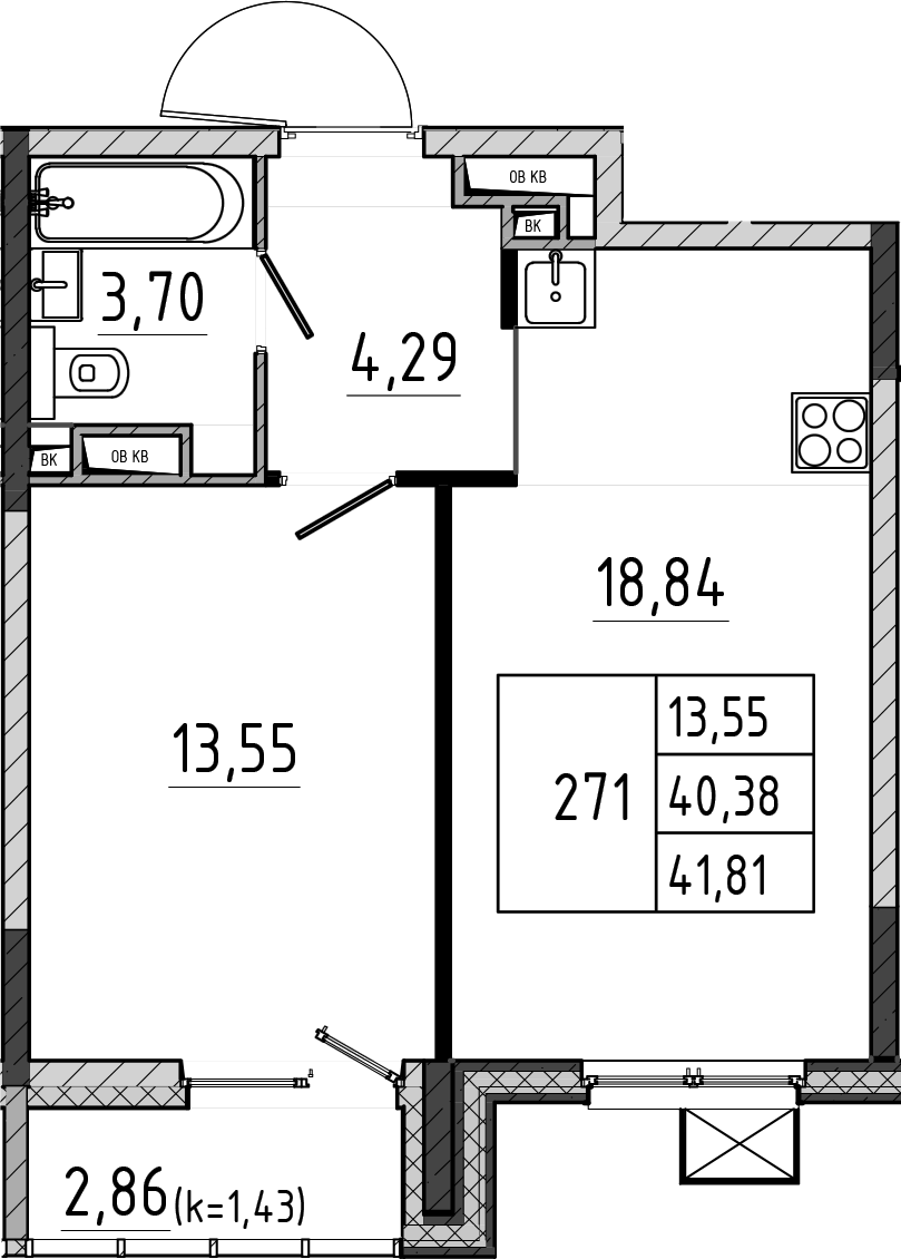2-комн., 40.38 м², 13/17 этаж, ЖК «Поварово-Молодежный-2»