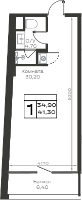 Студия, 34.9 м², 6/6 этаж, ЖК «Хако»