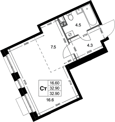 Студия, 32.9 м², 2/3 этаж, ЖК «Кореневский Форт 2.3»