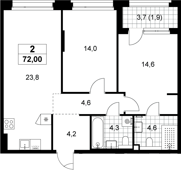 3-комн., 70.1 м², 2/8 этаж, ЖК «Хольм»