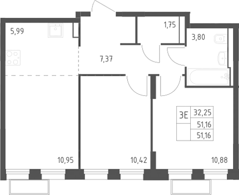 3-комн., 51.16 м², 24/24 этаж, ЖК «Квартал Строгино»