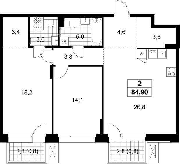 3-комн., 83.3 м², 6/6 этаж, ЖК «Хольм»