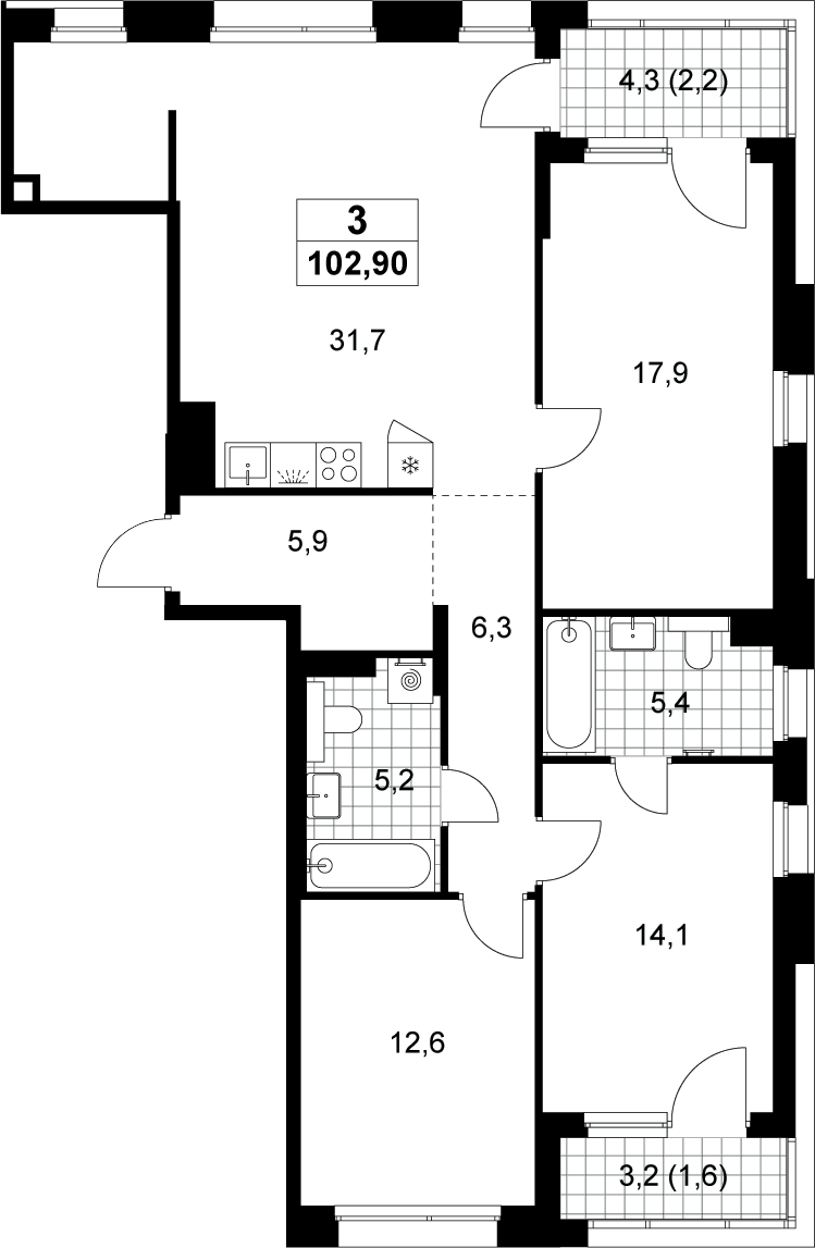 4+ комнаты, 99.1 м², 12/15 этаж, ЖК «Хольм»
