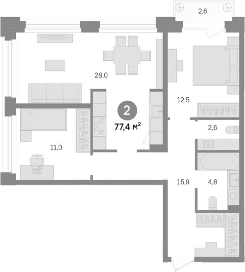 2-комн., 74.8 м², 34/43 этаж, ЖК «Квартал Издание»