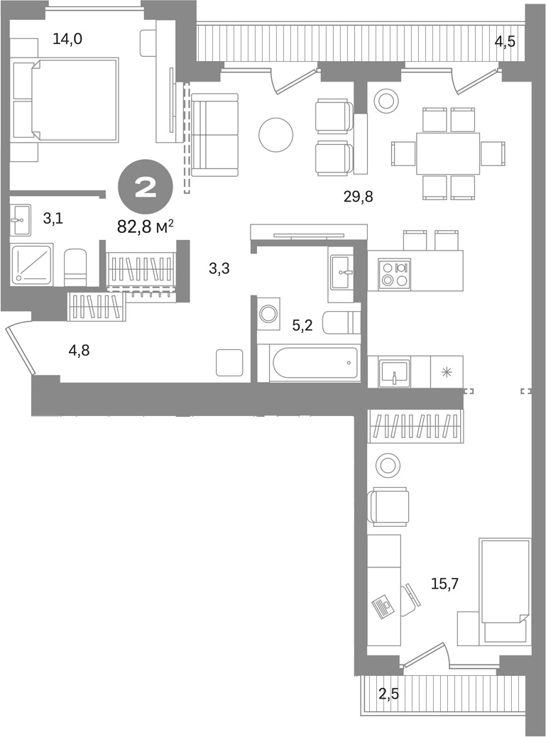 2-комн., 75.8 м², 8/9 этаж, ЖК «Первый квартал. Вторая очередь»