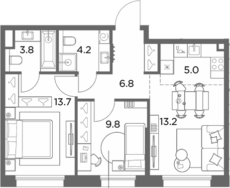 3-комн., 56.5 м², 2/6 этаж, ЖК «Станиславский»