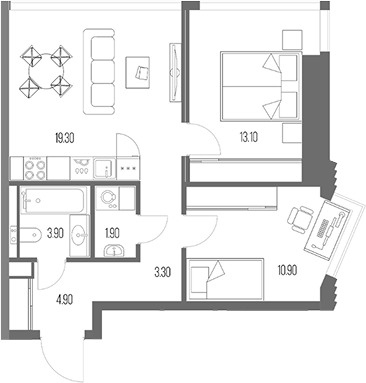 2-комн., 57.3 м², 32/54 этаж, ЖК «Северный Порт»