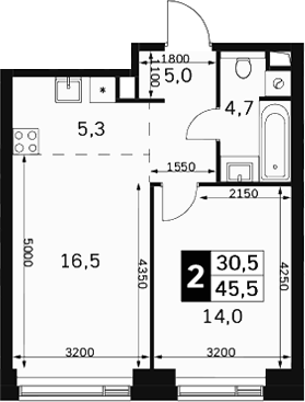 2-комн., 45.5 м², 10/40 этаж, ЖК «Амбер Сити»
