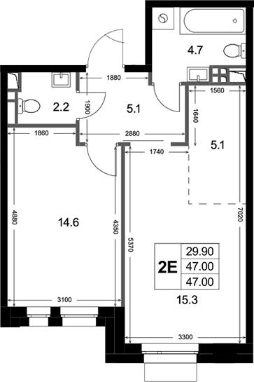 2-комн., 47 м², 2/3 этаж, ЖК «Кореневский Форт 2.3»