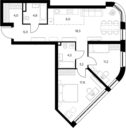 3-комн., 76.8 м², 12/43 этаж, ЖК «Адмирал»