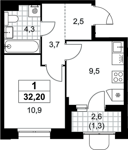 1-комн., 30.9 м², 8/16 этаж, ЖК «Прокшино»