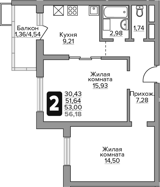 2-комн., 54.74 м², 8/17 этаж, ЖК «Гранель Алексеевская роща»