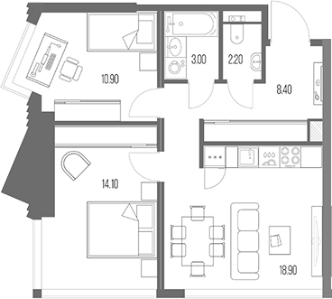 2-комн., 57.5 м², 43/54 этаж, ЖК «Северный Порт»