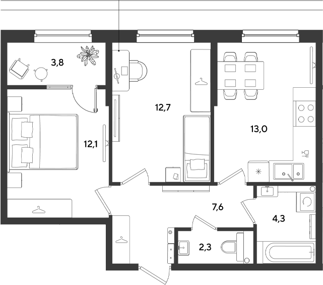 2-комн., 52 м², 2/9 этаж, ЖК «Ридз»