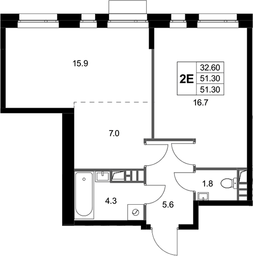 2-комн., 51.3 м², 2/3 этаж, ЖК «Кореневский Форт 2.3»