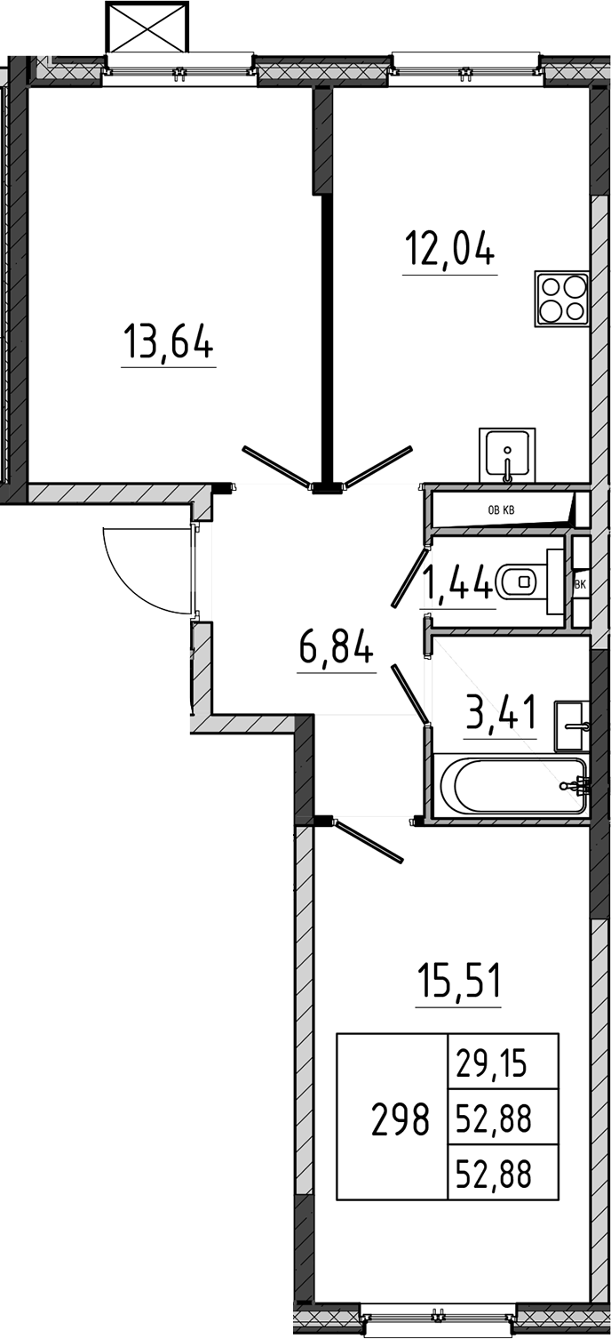 2-комн., 52.88 м², 4/17 этаж, ЖК «Поварово-Молодежный-2»
