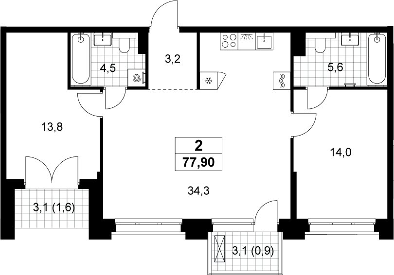 3-комн., 75.4 м², 3/13 этаж, ЖК «Хольм»