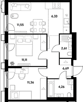 3-комн., 53.91 м², 3/25 этаж, ЖК «ЭВО»