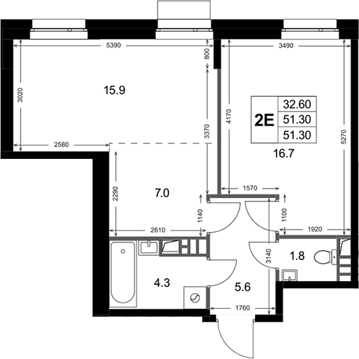 2-комн., 51.3 м², 1/3 этаж, ЖК «Кореневский Форт 2.3»
