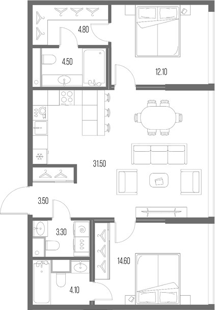 2-комн., 78.4 м², 2/12 этаж, ЖК «Северный Порт»