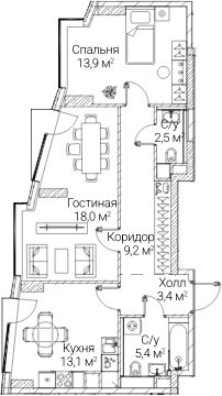 2-комн., 64.85 м², 49/60 этаж, ЖК «СЕЗАР БУДУЩЕЕ»