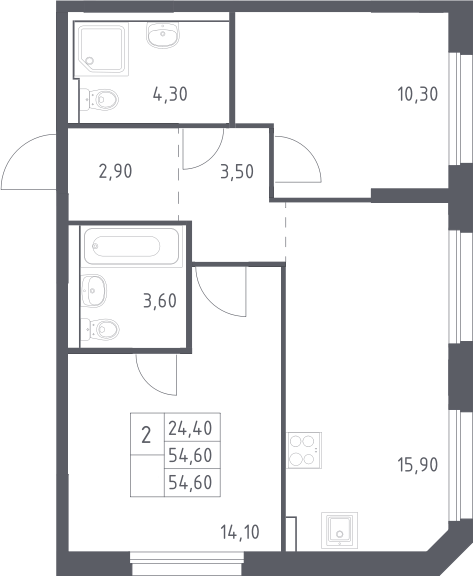 3-комн., 54.6 м², 32/32 этаж, ЖК «Химки Парк»
