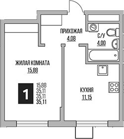 1-комн., 35.11 м², 4/12 этаж, ЖК «Гранель Мытищи»