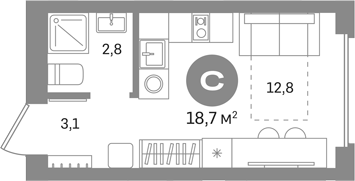 Студия, 18.7 м², 4/8 этаж, ЖК «Первый квартал. Вторая очередь»