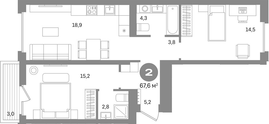 2-комн., 64.6 м², 3/4 этаж, ЖК «Первый квартал. Вторая очередь»