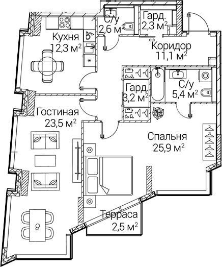 2-комн., 84.81 м², 3/12 этаж, ЖК «СЕЗАР БУДУЩЕЕ»