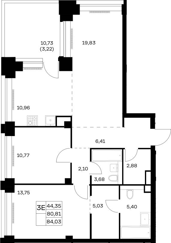 3-комн., 80.81 м², 26/32 этаж, ЖК «НОВА»