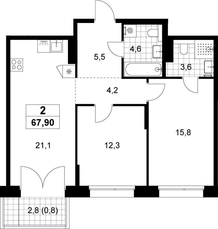 3-комн., 67.1 м², 12/15 этаж, ЖК «Хольм»