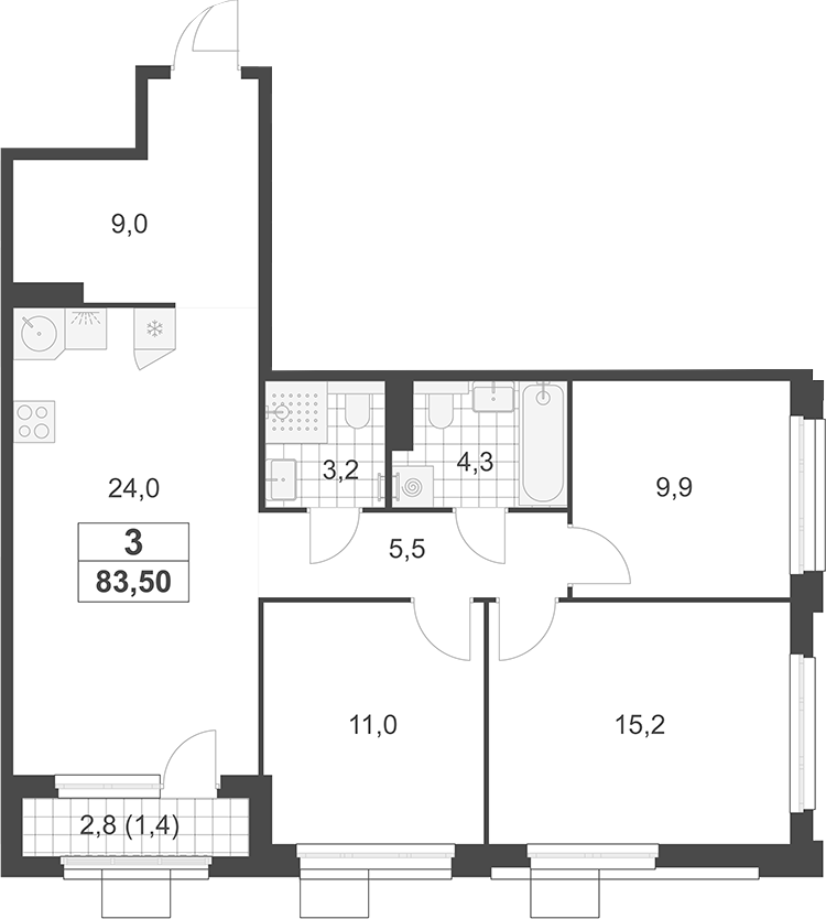 4+ комнаты, 82.1 м², 16/19 этаж, ЖК «Южные сады»
