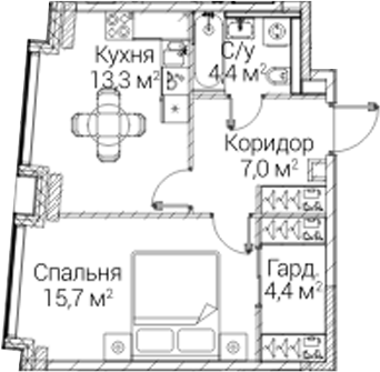 1-комн., 44.8 м², 6/12 этаж, ЖК «СЕЗАР БУДУЩЕЕ»