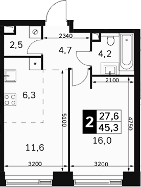 2-комн., 45.3 м², 15/40 этаж, ЖК «Амбер Сити»