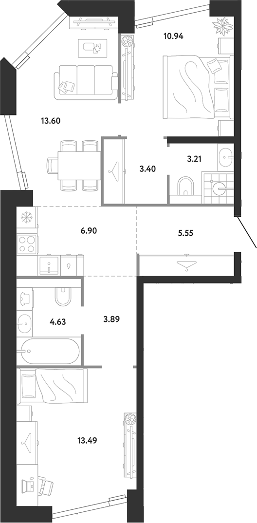 2-комн., 65.61 м², 7/12 этаж, ЖК «Ридж»