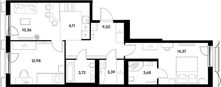 3-комн., 63.81 м², 4/23 этаж, ЖК «ЭВО»