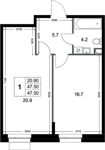 1-комн., 47.5 м², 1/3 этаж, ЖК «Кореневский Форт 2.3»