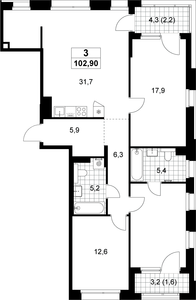 4+ комнаты, 99.1 м², 13/15 этаж, ЖК «Хольм»
