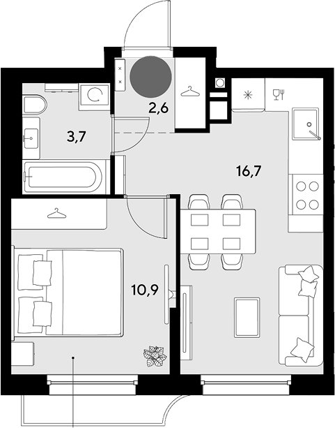 2-комн., 33.9 м², 5/9 этаж, ЖК «Грейд»