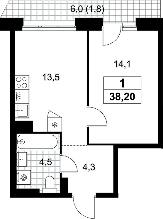 1-комн., 36.4 м², 6/10 этаж, ЖК «Прокшино»