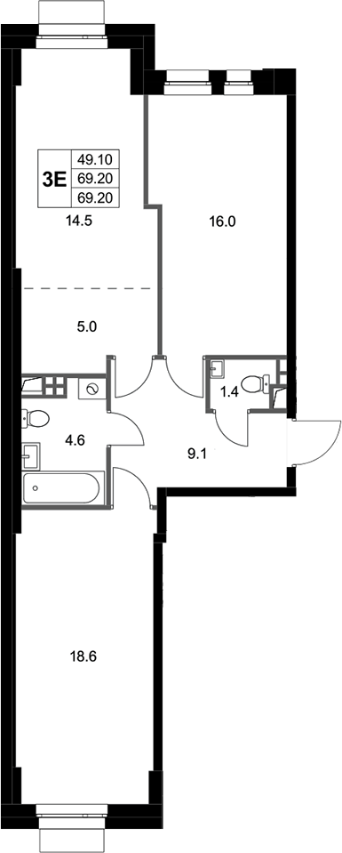 3-комн., 69.2 м², 3/3 этаж, ЖК «Кореневский Форт 2.3»