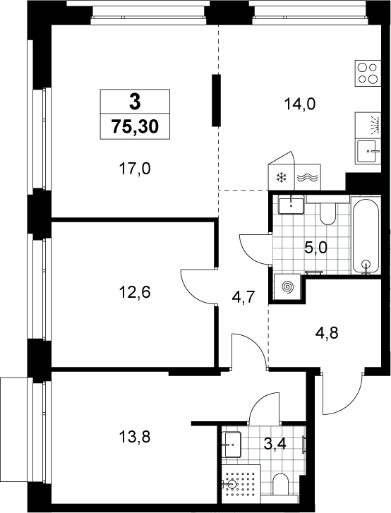 3-комн., 75.3 м², 3/8 этаж, ЖК «Хольм»