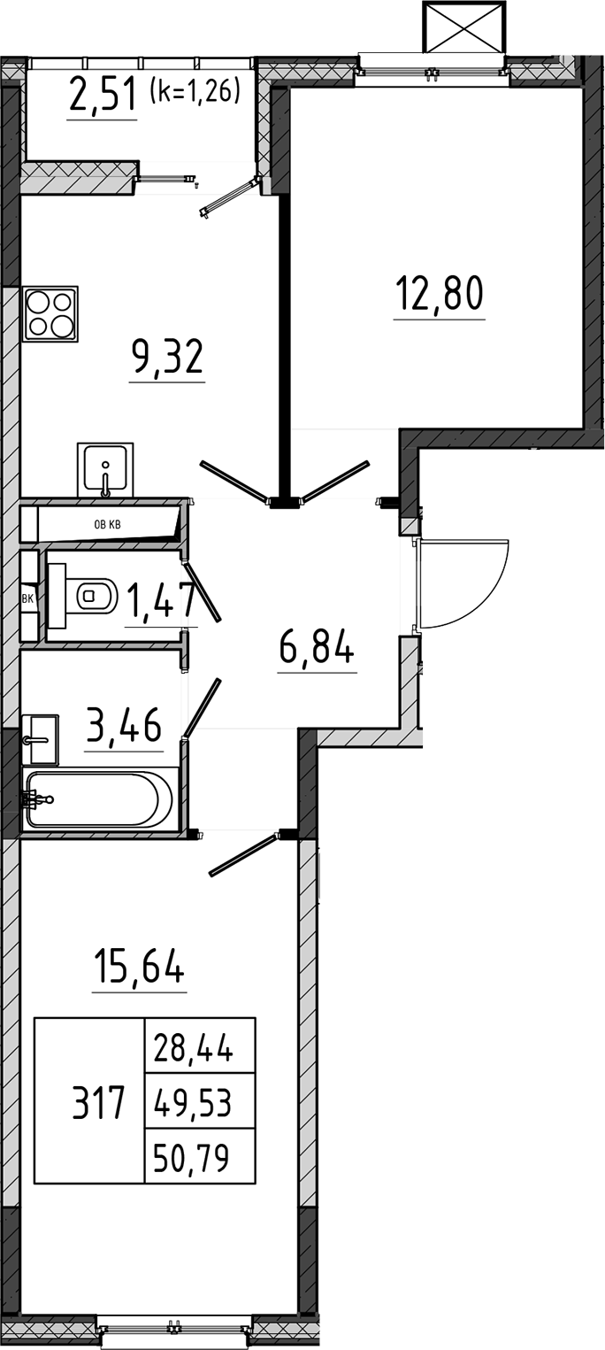 2-комн., 49.53 м², 8/17 этаж, ЖК «Поварово-Молодежный-2»